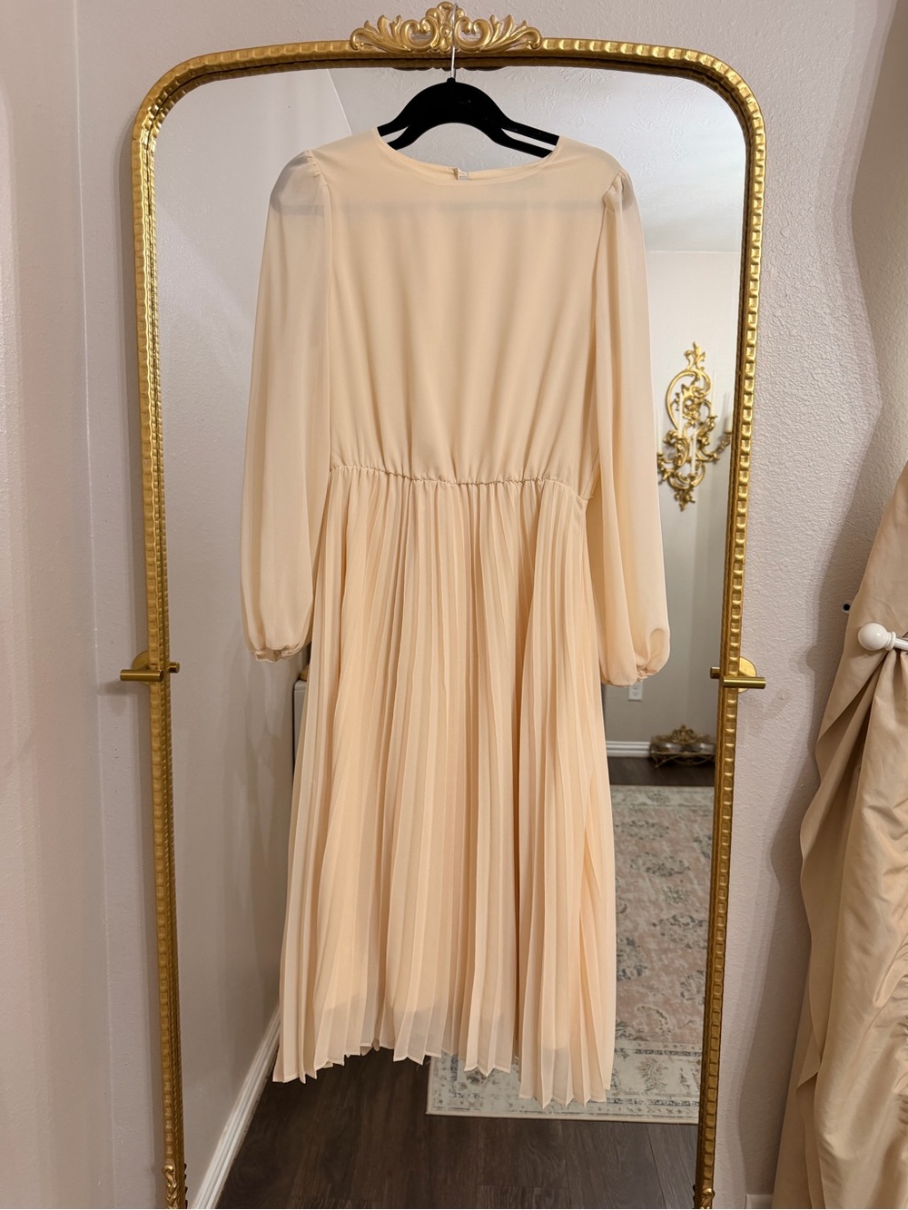 Pleated Cream Long-Sleeve Midi Dress - Elegant Women's Occasion Dress
